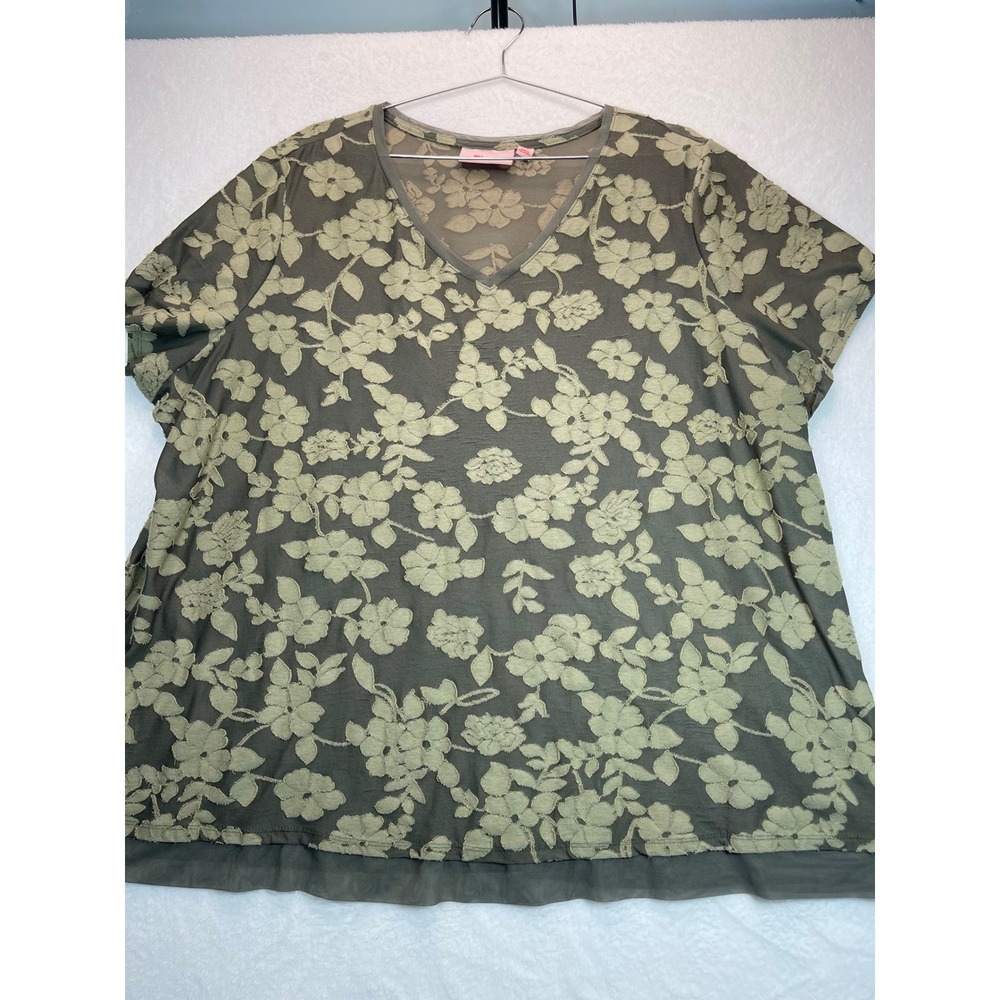 EVRI Burnout Floral Top Women 3X Olive Green Mesh Trim V-Neck Goblincore Earthy